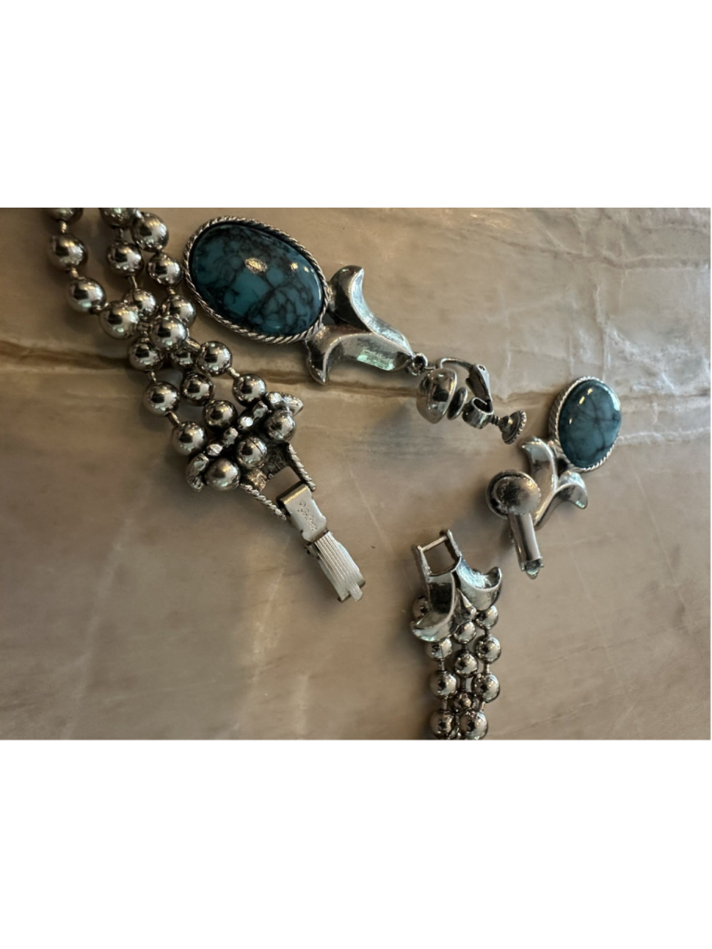 Vtg Goldette Signed Squash Blossom Necklace& Earring Set Turquoise blue silver - Picture 2 of 8